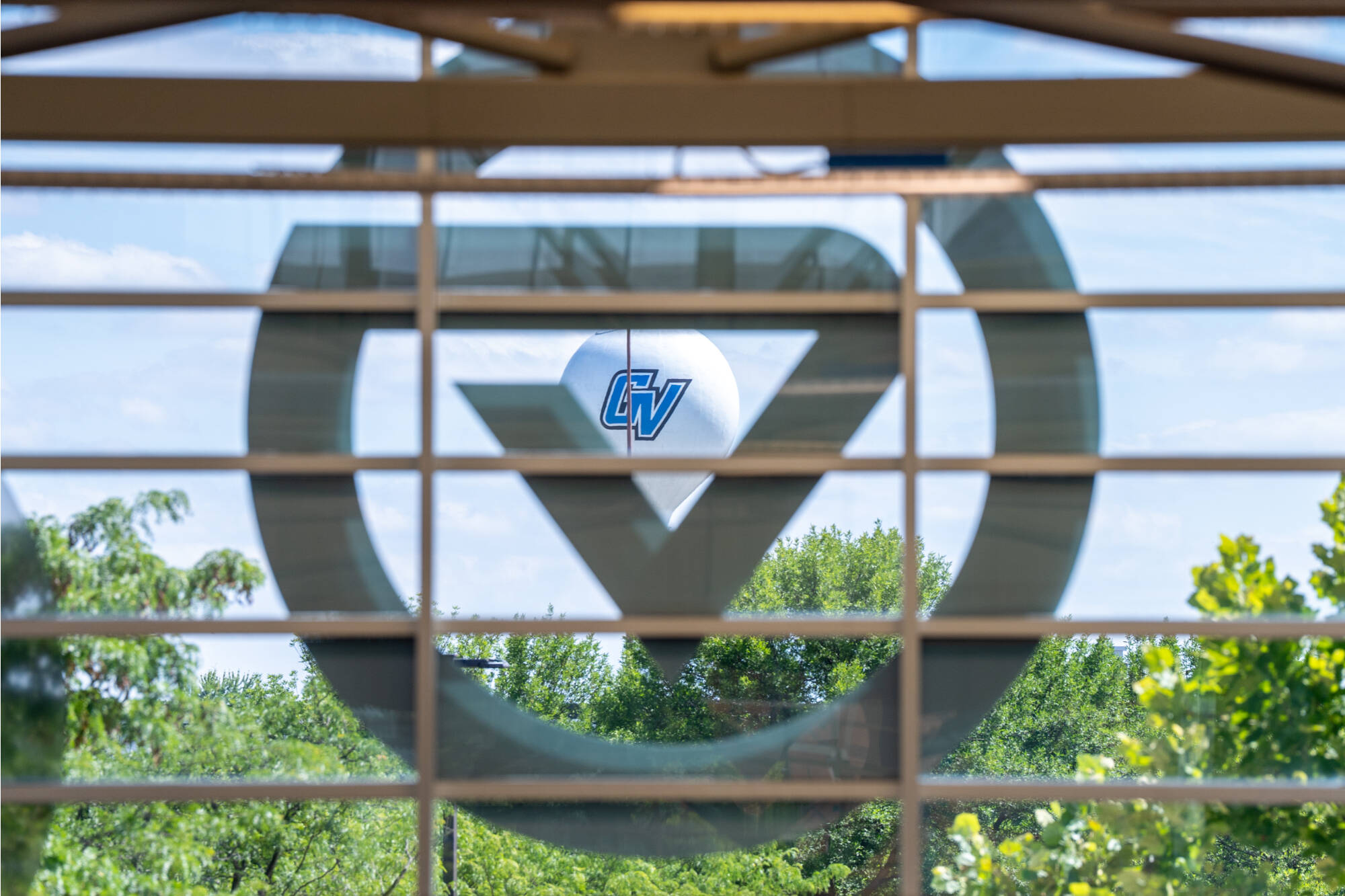 View of the water tower through Kirkhof Center's window.